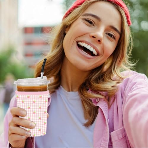 Image of Reusable 3-Pack Iced Coffee Cup Sleeve, Insulated Neoprene, Beverage Holder for Iced Coffee, Durable Drink Sleeve for Cold Beverages, Strawberry Grid