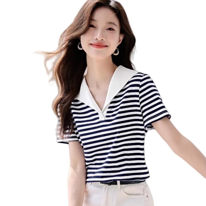 [FEISEDY] Tシャツ レディース 純綿 ストライプ 半袖 Vネック ゆったり 通勤 オフィス 快適 夏トップス おしゃれ 可愛い ゆったり 学院風 春夏秋 A8231