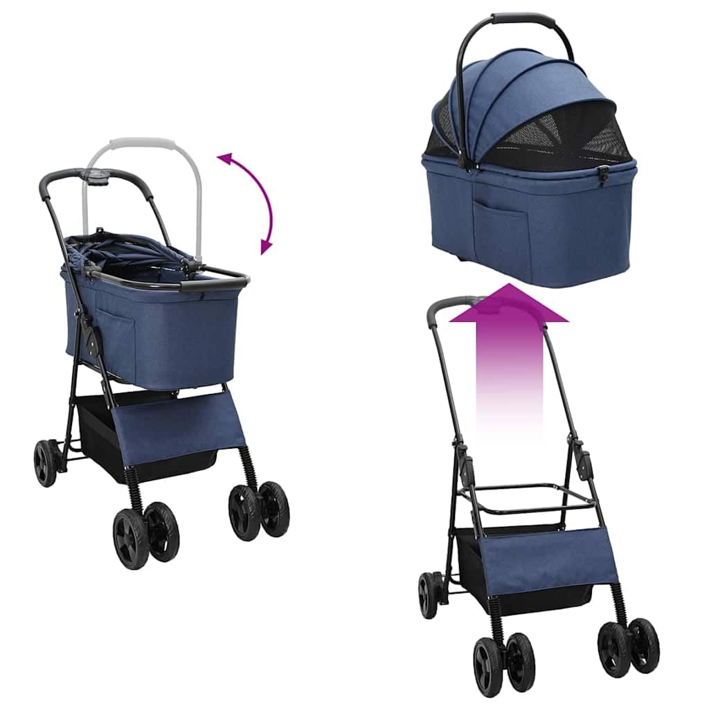 Faltbarer Haustierwagen Blau 81 x 47 x 99 cm Polyester für Hunde Katzen Tragbarer Tierbuggy mit Netz und Regenverdeck ideal für Spaziergänge Reisen Outdoor und Indoor Nutzung