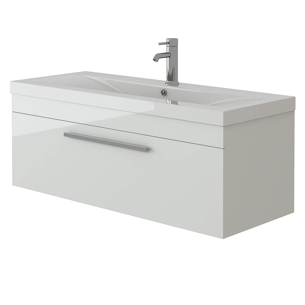 VeeBath Venus 1000 Wall Hung Vanity Unit, Mid Edge Wash Basin Bathroom Sink, Soft Close Door, Cloakroom Wall Mounted Storage Cabinet- White (Flat Pack)