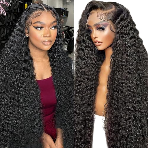 Image of JTMMP 34Inch Deep Wave Lace Front Wigs Human Hair Pre Plucked 13x6 HD Transparent Lace Frontal Wigs Human Hair 200% Density Deep Curly Glueless Wigs Human Hair for Women