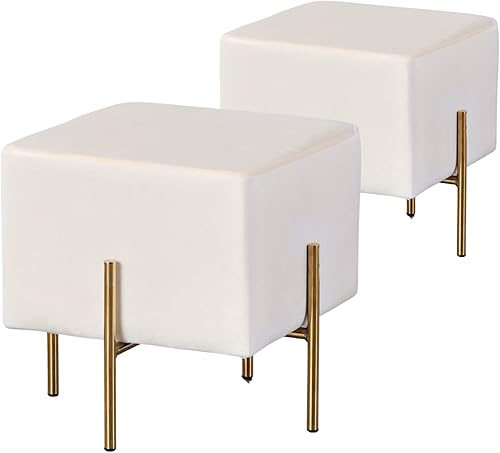 Kirpi Juego de 2 taburetes otomanos de terciopelo, taburete cuadrado moderno color crema, taburete de lujo, otomano tapizado con patas de metal
