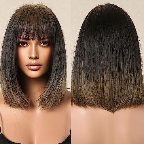 Testar Short Bob Wigs For Women Short Brown Ombre Wigs With Bangs Synthetic Wig Hair Repalcementfor Girl Use #TOP7