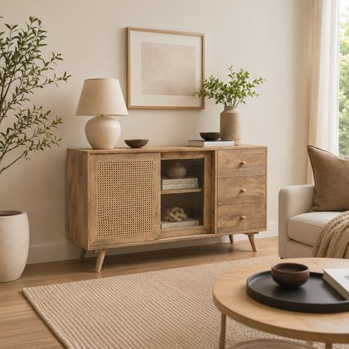 Image of The Attic INES Cabinet, Solid Wood Sideboard for Living Room, Classy TV Cabinet, Wooden Free Standing TV Unit with Storage, Natural Matte Finish