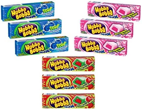 Hubba Bubba Max Bubble Gum - Variety Pack 3 Flavors (Total of 9 Packs of Gum) - Sour Blue Raspberry Bubble Gum - Strawberry Watermelon Bubble Gum - Outrageous Original Bubble Gum - 3 Packs of Each Juicy Flavor - 9 Packs of Gum in total - Fresh Candy - Queen Jax