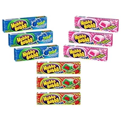 Hubba Bubba Max Bubble Gum - Variety Pack 3 Flavors Total of 9 Packs of Gum - Sour Blue Raspberry Bubble Gum - Strawberry Watermelon Bubble Gum - Outrageous Original Bubble Gum - 3 Packs of Each Juicy Flavor - 9 Packs of Gum in total - Fresh Candy - Queen