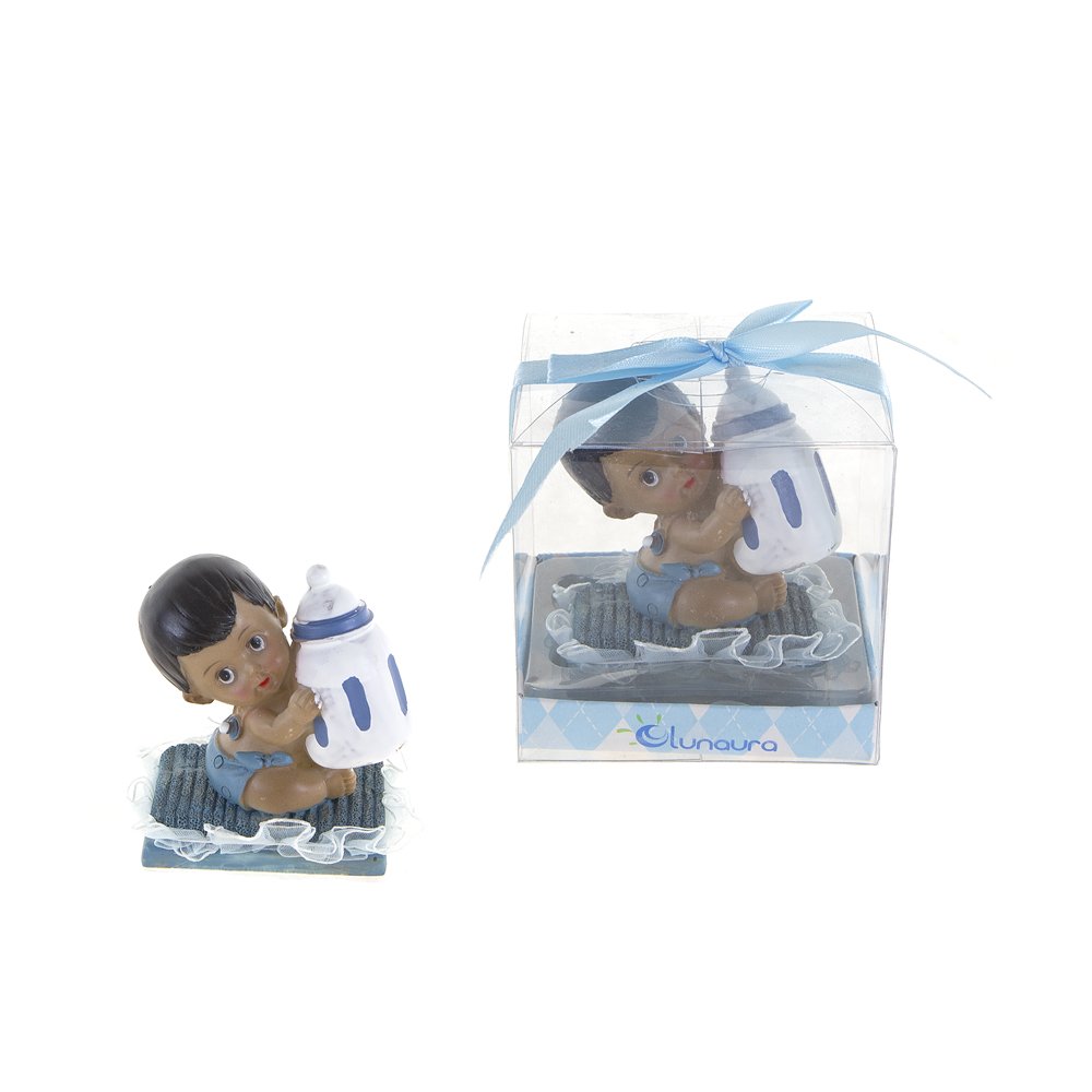 Lunaura Baby Keepsake - Set of 12 "Boy" Black Ethnic Baby Sitting on Pillow Holding Bottle Favors - Blue