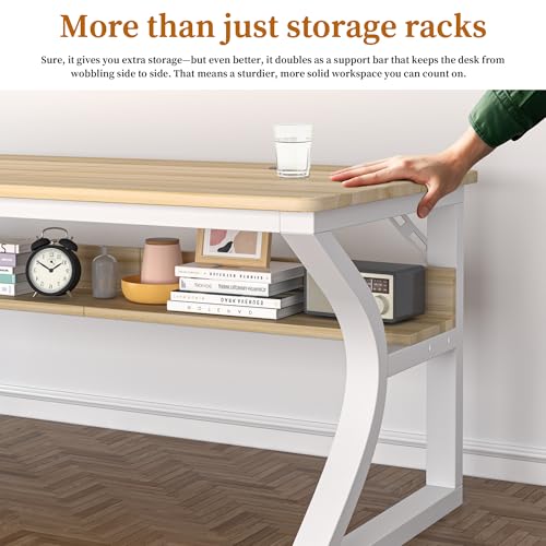 Image of 55 inch Computer Desk, Home Office Desk with Storage Shelf, Sturdy U-Shaped Metal Frame Study Table with Cable Management, Gaming Desk for Office & Bedroom (Light Walnut, 55inch)