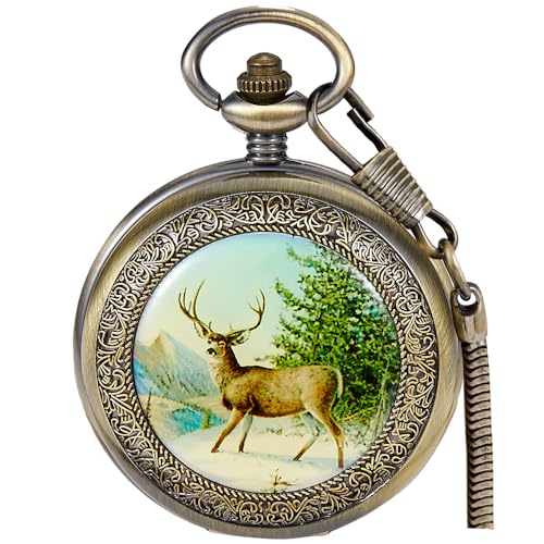 Alwesam Luxuriöse Zwei Unterzifferblätter Mechanische Taschenuhr Handaufzug Bronze Legierung Skelett Rückseite Mit Kette Retro Römische Ziffern Uhr, Grün/Braun