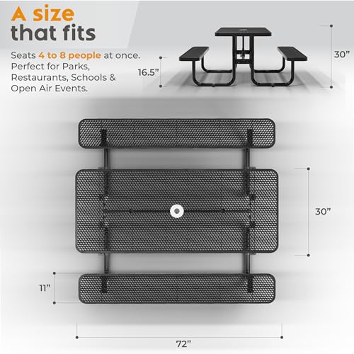 OUTTANS Commercial Heavy-Duty Metal Picnic Table - ADA Compliant, Adjustable Seats, Umbrella Hole, Expanded Metal (Black, 6' Rectangular)
