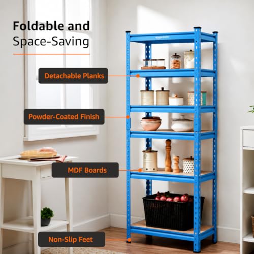 Image of Amazon Basics 6-Tier Storage Rack | Bolt-Free Assembly | Metal Stand & Thick MDF Board | 175kg Capacity Per Shelf | 72H x 24W x 12D inch Adjustable Shelf Rack for Home, Garage & Shop | Blue