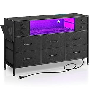 Rolanstar Dresser with Power Outlets and LED Lights, 10 Small Drawers Dresser with Side Pocket, Fabric Chest of Drawers with PU Finish, Wood Top for 55inch TV, Bedroom, Black, L