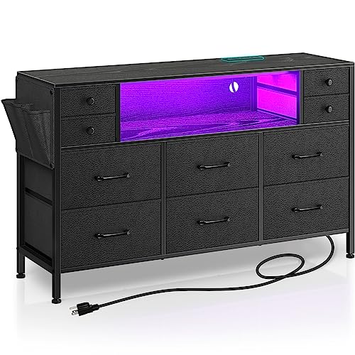 Rolanstar Dresser with Power Outlets and LED Lights, 10 Small Drawers Dresser with Side Pocket, Fabric Chest of Drawers with PU Finish, Dresser with Sturdy Frame, Wood Top for 55inch TV, Black