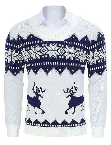 TURETRENDY Mens Ugly Christmas Sweaters Snowflakes Holiday Reindeer Printed Shawl Collar Knitted Long Sleeve Pullover Jumpers