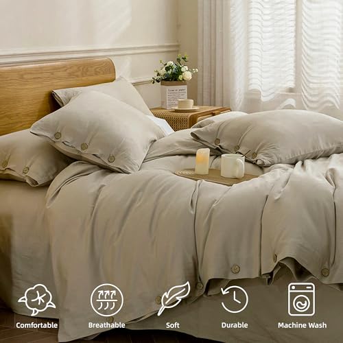 Image of JELLYMONI Cotton Duvet Cover Queen Size - Linen Gray Comforter Cover with Button 100% Washed Cotton 3PCS Breathable Soft Solid Bedding Set Duvet Cover 90x90in & 2 Pillowcases (NO Comforter)