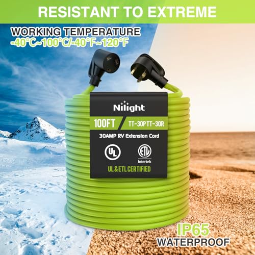 Image of Nilight 100FT 30 Amp RV Extension Cord 125V Heavy Duty 10 /3 Gauge Pure Copper STW Wire UL ETL Listed 3 Prong TT-30P TT-30R Weatherproof Suit for Camper Caravan Trailer Bright Green