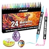 Pagather 24 Metallic Colors Acrylic Paint Markers, Dual Tip with Fine Tip and Brush Tip Pens for Stone, Wood, Calligraphy, Canvas, Ceramic, Metal, Glass, Rock Painting, DIY Crafts