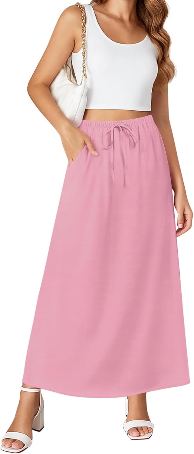 NILOUFO Womens Maxi Skirts High Waisted Adjustable Elastic Waist with Pockets Beach Flowy Casual Long Skirt
