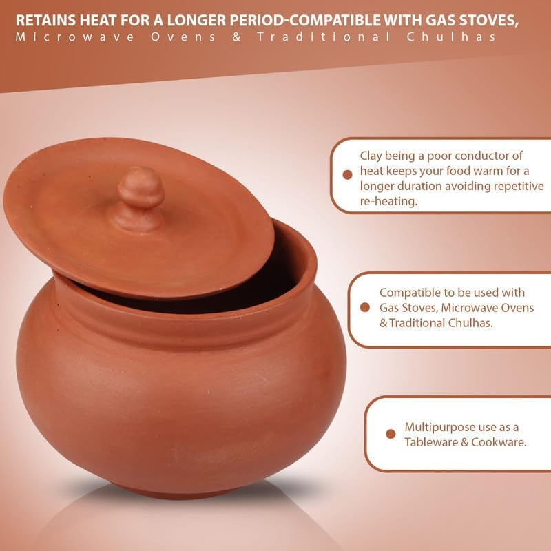 Image of Bhanvi 1000ml Earthen Clay Curd Pot with Lid for Making Curd Chach Lassi Dahi Kadai Handi Mitti Ke Bartan Unglazed Clay Pot Serving Use in Oven Not for Cooking