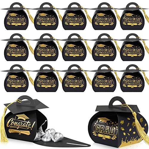 Colarr 100 Pack Graduation Cap Candy Box Graduation Party Favors Grad Gift Box with Gold Tassel Little Souvenir for Guest for Class of 2026 Party Supplies(Black, Gold)