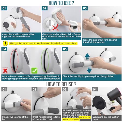 Image of TAILI Shower Grab Bars,Suction Shower Handles,Upgraded,330lbs,2 Pack,Grey | Safety for Bathtubs,Toilet,Elderly&Seniors,Bathroom Grip Bar Heavy Duty Handrails,No Drilling Removable Waterproof,14.9 inch