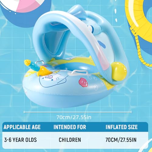 Image of PATPAT Thicken Inflatable Kids Pool Float with Canopy Detachable, Pirate Ship Floaties with Captain & Water Gun, Swimming Pool for Boys & Girls Suitable Child for 3-6 Year Olds
