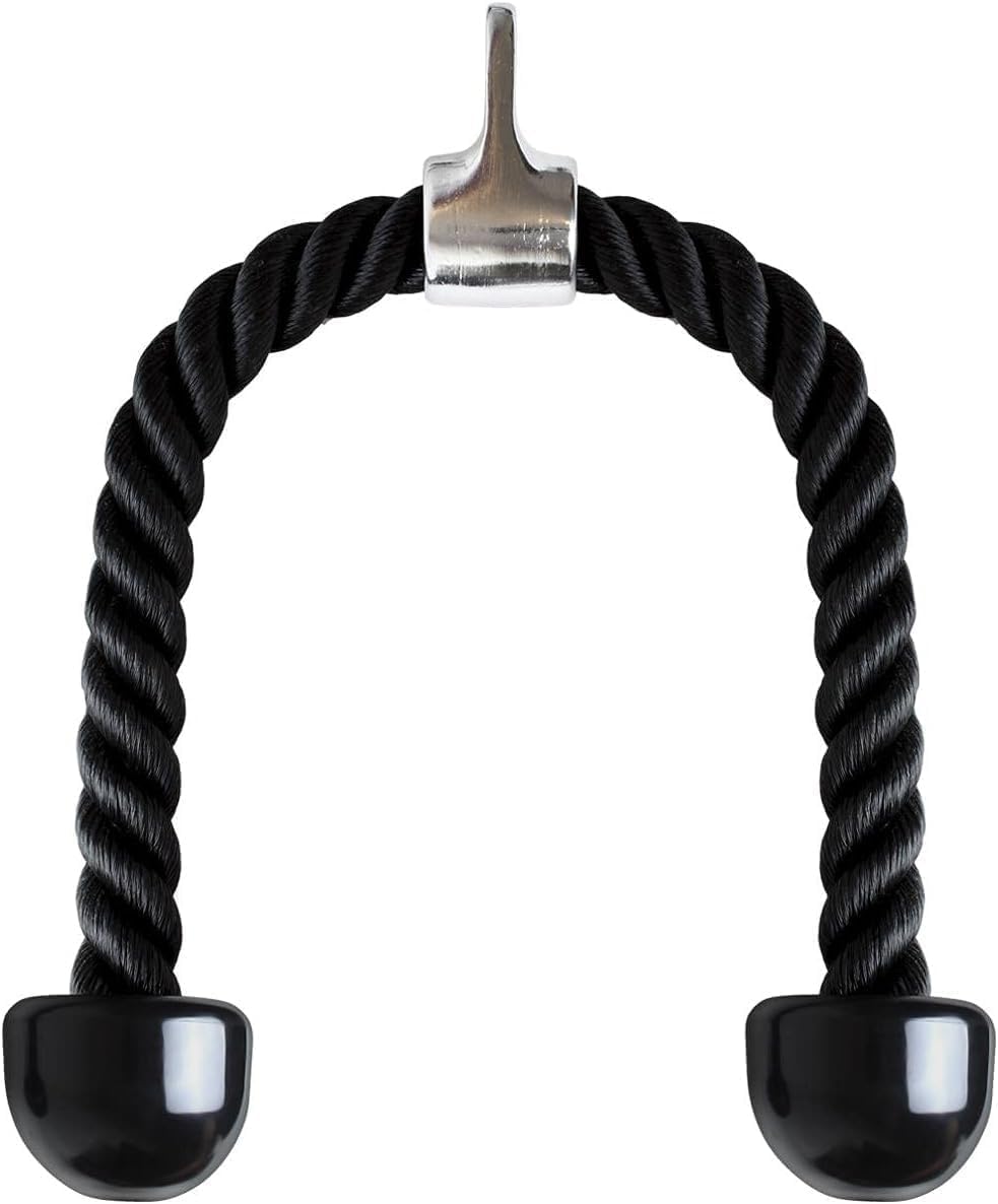 1X Black Triceps Rope Nylon Twisted Attachments Pulley System Pull Down Rope Carabiner With Non-Slip Handles - Lats, Biceps, Triceps, Gym Or Home