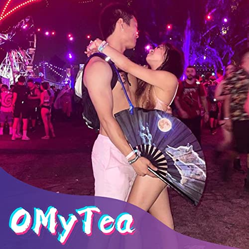 Omytea Large Rave Folding Hand Fan For Men/Women - Chinese/Japanese Kung Fu Tai Chi Handheld Fan With Fabric Case - For Performance/Wall Decorations/Dancing/Festival/Gift (Full Wolf Moon) #TOP1