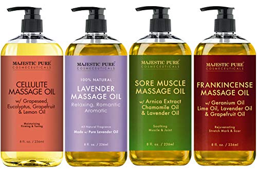 Majestic Pure Lavender Massage Oil, Sore Muscle Massage Oil, Frankincense Massage Oil, and Cellulite Massage Oil Bundle  8 fl oz Each