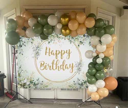 Green Happy Birthday Backdrop 7x5FT Eucalyptus Greenery Leaves Neutral Birthday Photography Background Kids Adults Baby Shower Jungle Theme Party Decorations Background
