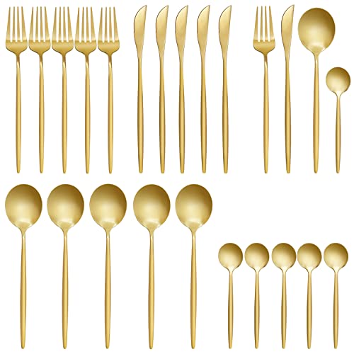 Zalaxt 24 pcs Flatware Set, Gold Stainless Steel Flatware Set for 6, Knife Fork Spoon, Home Dinnerware Tableware Set for 6, Cutlery Set, Include Knives/Forks/Spoons…