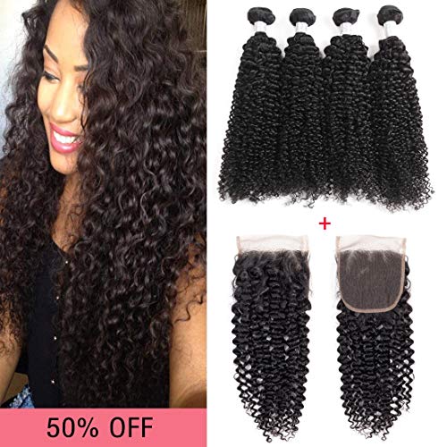 IMAYLI Virgin Brazilian Kinky Curly Human Hair 4 Bundles with Closure Virgin Jerry Curly Human Hair 4x4 Lace Closure with baby hair Natural Color(16 18 18 20+14）