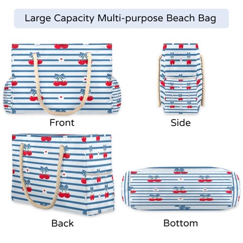 Striped Cherry Beach Bag for Women Waterproof Sandproof Tote with Zipper Cotton Rope Handles for Travel Pool Gym Shopping4