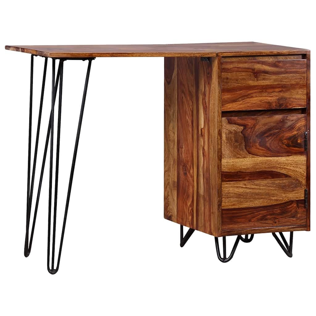 Scrivania in legno massello di acacia con cassetto e armadietto, tavolo consolle per ufficio e studio, design industriale con gambe in acciaio per postazione lavoro smartworking casa