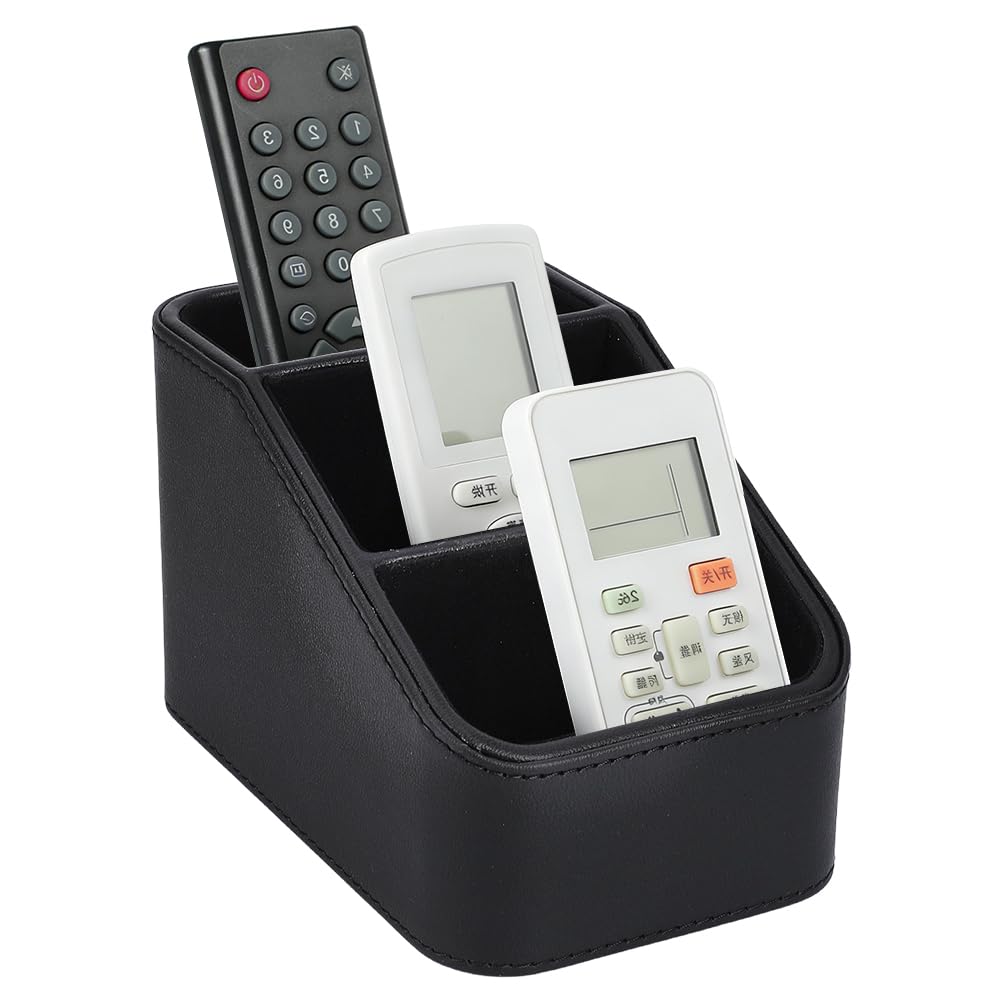 UNICRAFTALE 3-Grid Black PU Leather Remote Control Holder Organizer Desk Organizer Bedside Table Caddy Remot Organizers for TV Remote Pen Glasses Office Supplies Home Decor 17x10x10cm