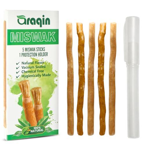 Pack of 5 Miswak Sticks for Teeth with 1 Holder - Natural Toothbrush Stick for Teeth Whitening & Healthy Gums | Vacuum Sealed Sewak Sticks for Teeth | Peelu Wood Miswak Toothbrush