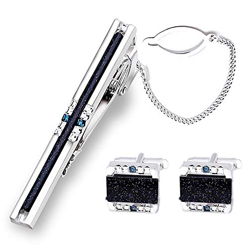 BagTu Shinning Galaxy Cufflinks and Tie Clip Set with Gift Box and Greeting Card, Strip Galaxy Dark Blue Cufflinks and Tie Clip Gift Set for Men