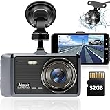 Abask Dashcam Auto Vorne und Hinten Autokamera 1080P mit 32 GB SD-Karte, 4 Zoll Bildschirm, 310° Weitwinkelansicht, Dash Cam mit Parküberwachung, Bewegungserkennung, G-Sensor, Loop-Aufnahm, WDR, Akku