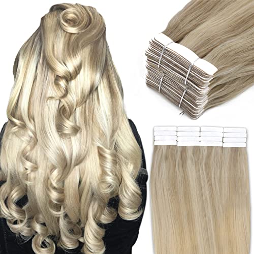 Tape in Hair Extensions Real Human Hair, Balayage Chocolate Brown to Honey Blonde, Hair Extensions with Fish Line 14/16/18 inch Straight Remy Hair Extensions