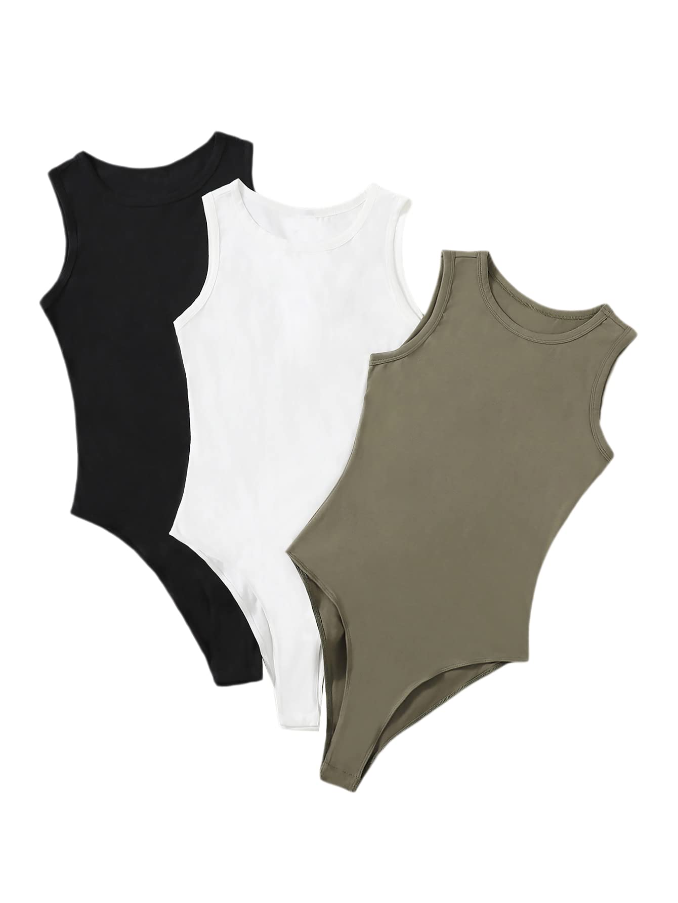 Women's 3 Pack Sleeveless Bodysuit Solid Round Neck Skinny Tank Tops Set-image-0
