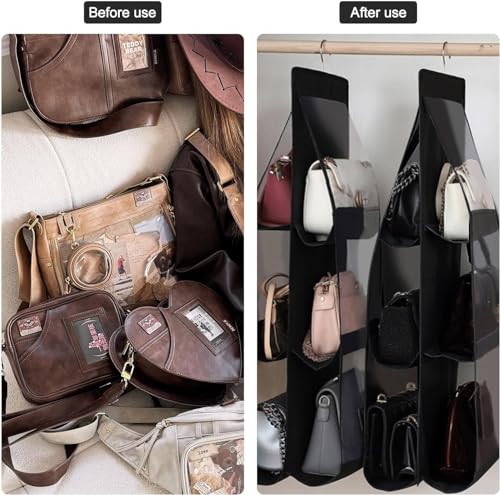Image of 6 Pocket Hanging Handbag Organizer - Multi-Compartment Purse Storage with Adjustable Hooks - Space-Saving Closet Organizer for Handbags, Purses, Wallets - Durable, Home Black