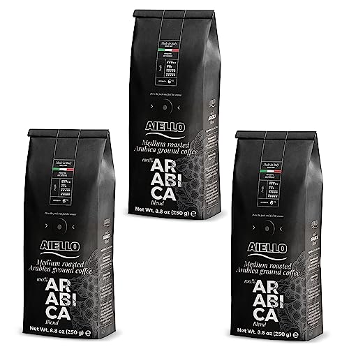CAFFE' AIELLO 100% ARABICA - 3X250 Gr Soft Pack - Tostatura Media 100% ARABICA – Macinato - In Atmosfera Protettiva - Intensità 6/10