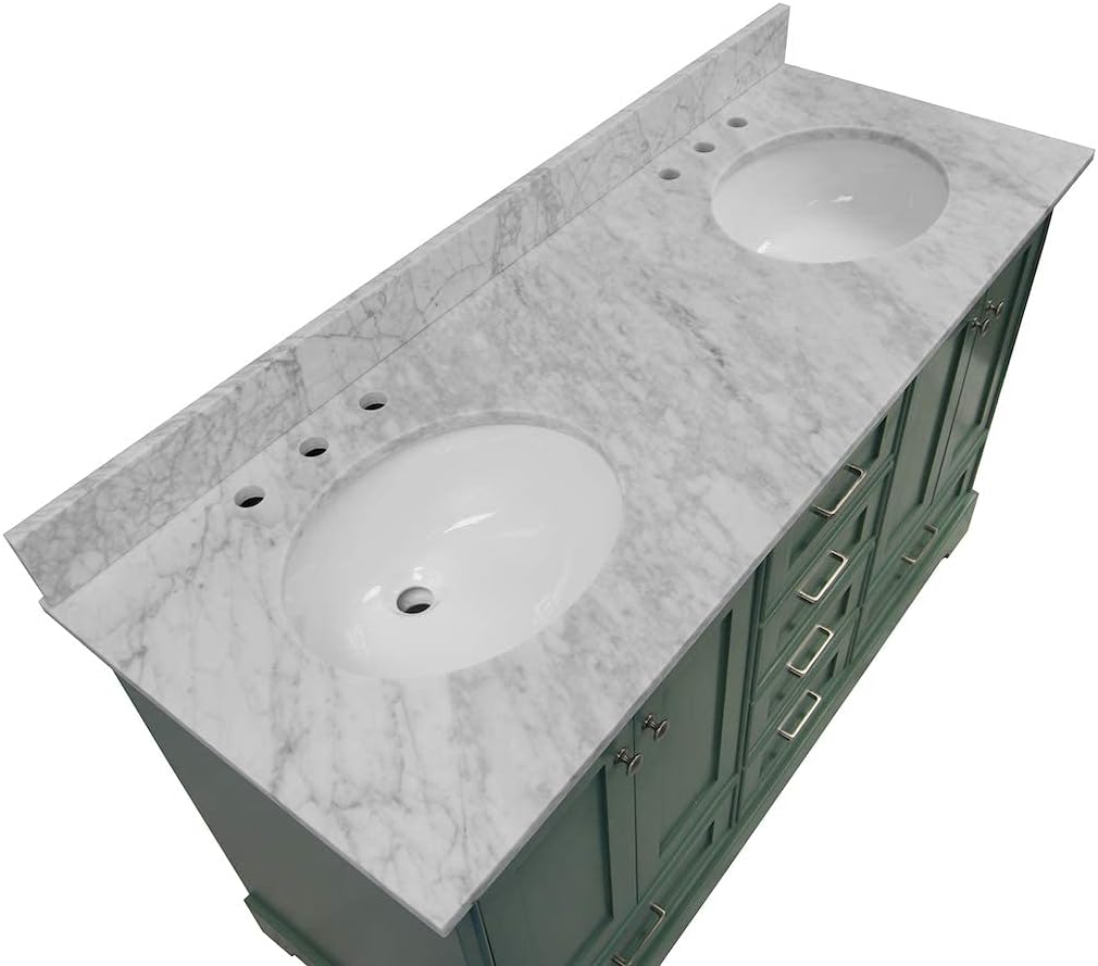 Kitchen Bath Collection Harper 60-inch Double Bathroom Vanity (Carrara/Sage Green): Includes Sage Green Cabinet with Authentic Italian Carrara Marble Countertop and White Ceramic Sinks