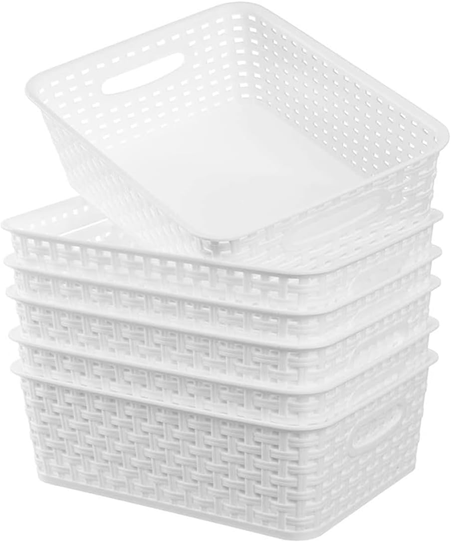 White Plastic Woven Storage Baskets, 6-Pack Weave Basket Organizer for Kitchen Office Bathroom