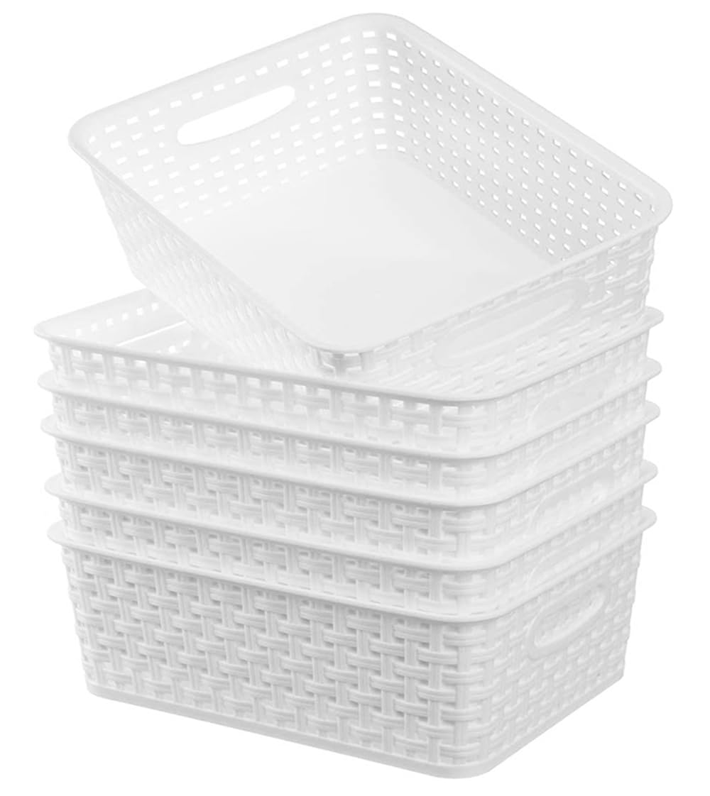White Plastic Woven Storage Baskets, 6-Pack Weave Basket Organizer for Kitchen Office Bathroom
