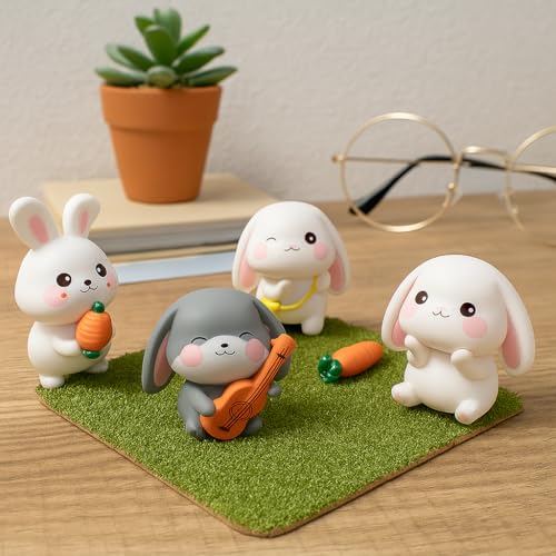 Image of 4 Pcs Cute Rabbit Miniature Figurines Set for Home Decor, Office Desk, Car Dashboard & Bookshelf Decoration | Kawaii Bunny Toy Gift for Kids & Room Decor (Rabbit)