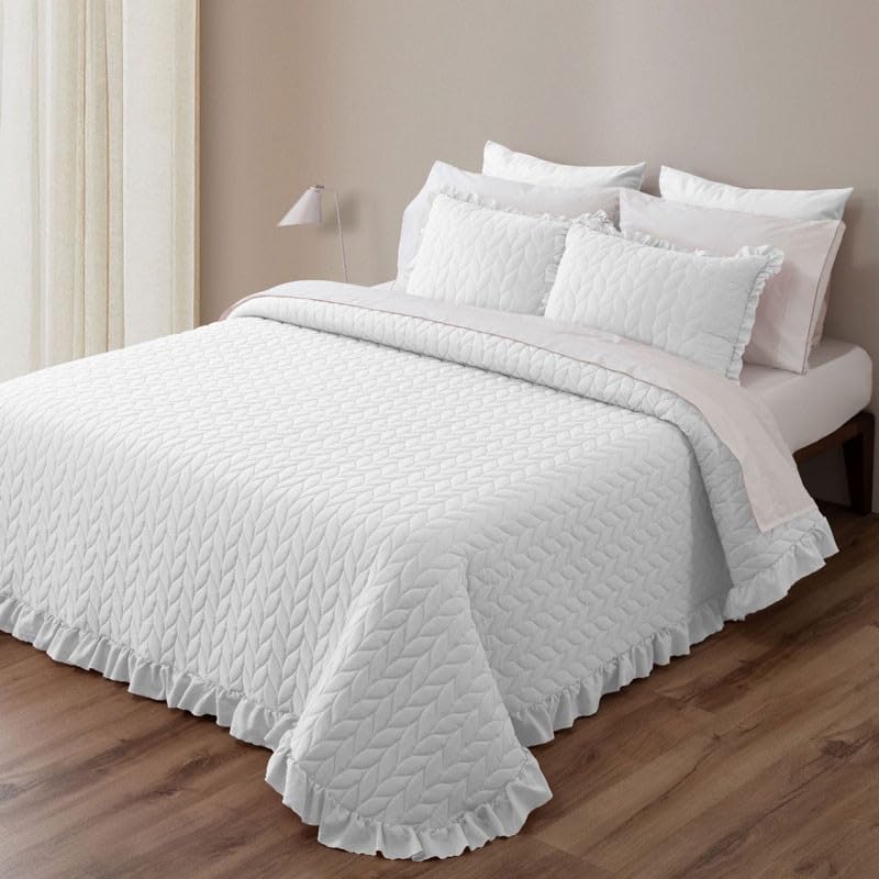 Rufino Díaz Colcha Volante Lavada + Funda de Cojín (Blanco - 90 cm) - para una sensación acogedora y de Confort - Tejido Suave, Agradable y Resistente