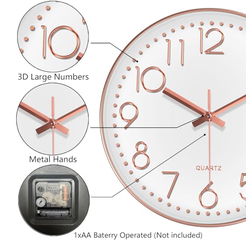 Image of Modern Silent Wall Clock - 12 Inch Wall Clocks Battery Operated Large Number, Non-Ticking Analog Clock with Tempered Glass Quartz Clocks for Living Room Bedroom Office Kitchen, Rose Gold