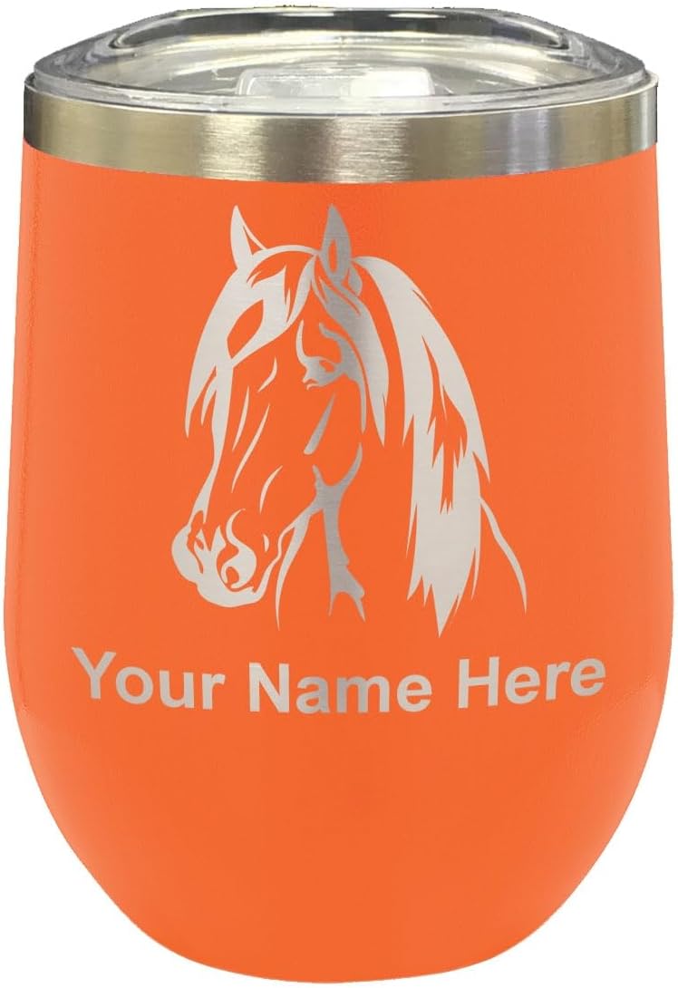 LaserGram 16oz Double Wall Stainless Steel Wine Glass Tumbler, Horse Head 1, Personalized Engraving Included (Navy Blue)