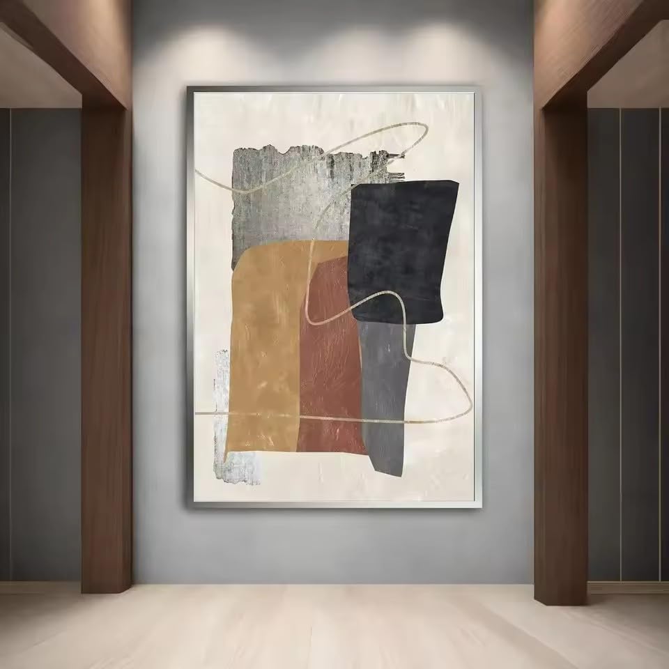 Cuadro abstracto minimalista para sala de estar, lienzo texturizado negro y beige de 40x60cm